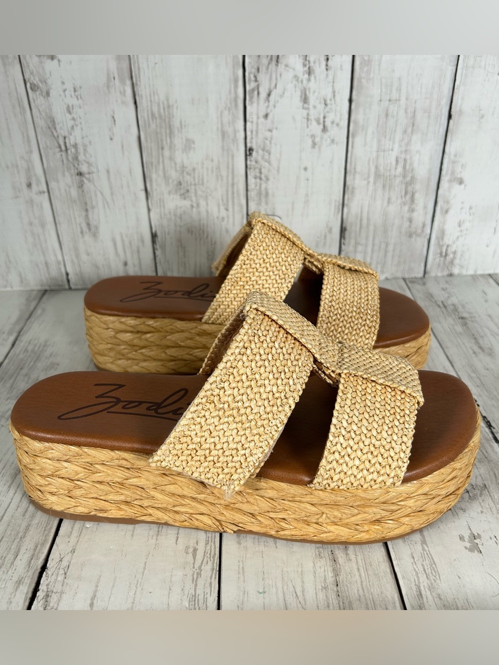 Zodiac Woven Raffia Wedge Slide Sandals Strap Accent Natural 9 - Picture 2 of 6
